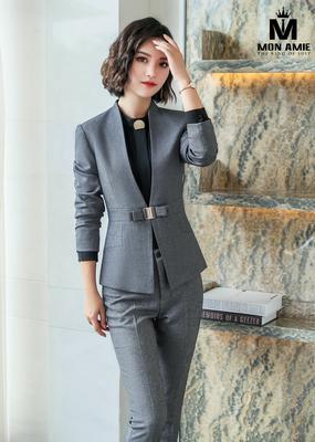 Set vest công sở ghi xám kèm belt nơ lạ mắt