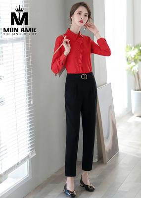 Sơ mi đỏ vạt chéo phối bèo tiểu thư