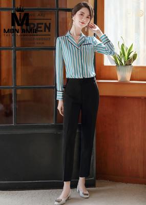 Sơ mi xanh sọc cổ vest sang chảnh