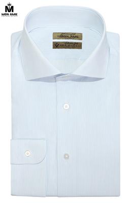 Áo sơ mi trắng sọc mảnh màu xanh nhạt cổ cách điệu S01.415