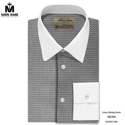 Áo sơ mi họa tiết lượn sóng trắng đen cổ trắng trơn S03.016