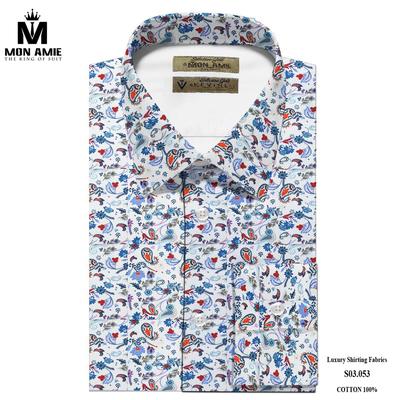 Áo sơ mi trắng hoa văn màu xanh đỏ nổi bật S03.053