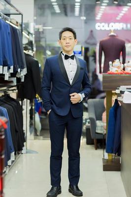 Set vest xanh đen cổ phối phi bóng đen lịch lãm