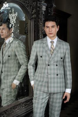 Bộ Vest Xám Caro Xanh Vercelli Cao Cấp 