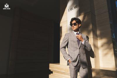 Bộ suit xám họa tiết caro tím