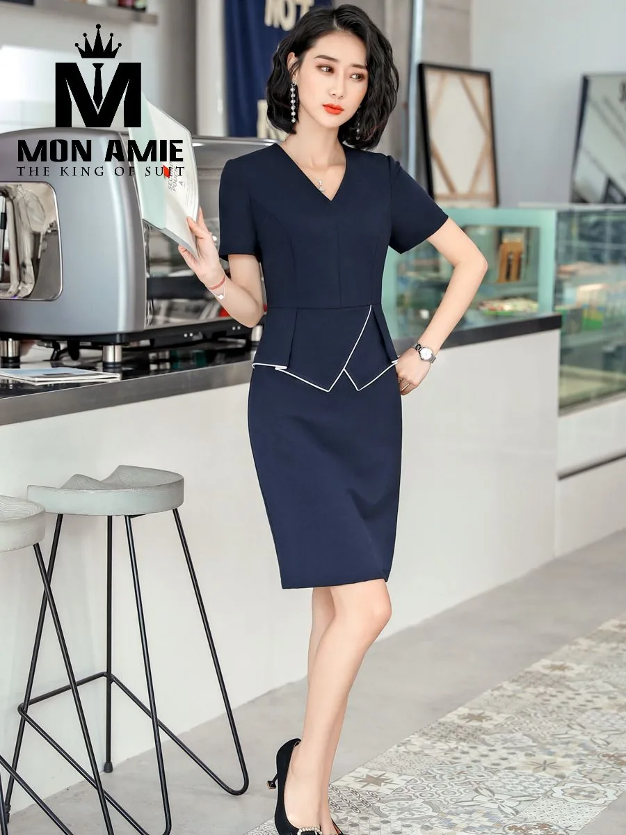 Navy V-Neck Office Dress with White Piping