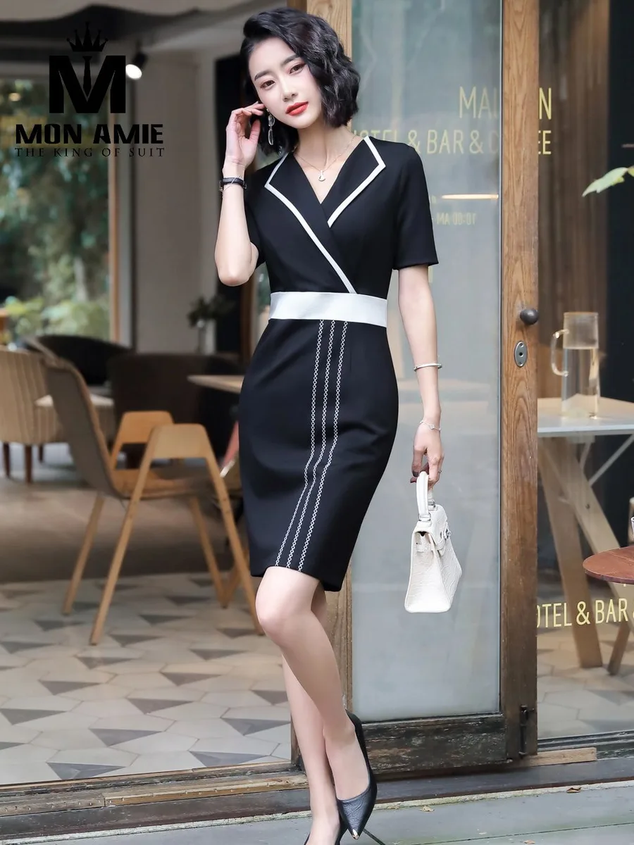 Black Blazer-Collar Sheath Dress with White Waistband