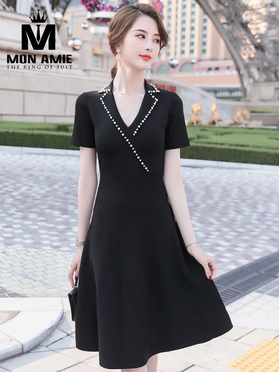 Black Pearl-Trimmed Lapel Dress