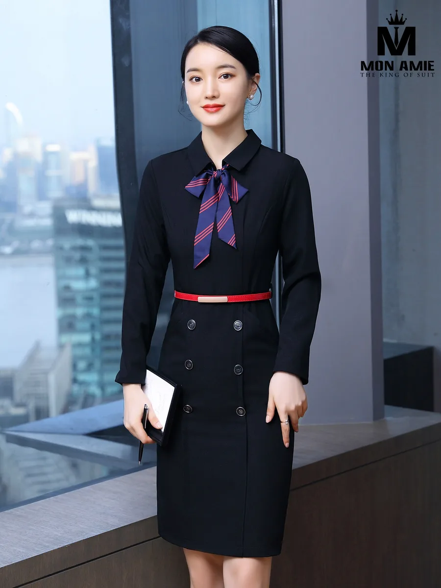 Black Shirt-Collar Double-Breasted Dress with Red Belt