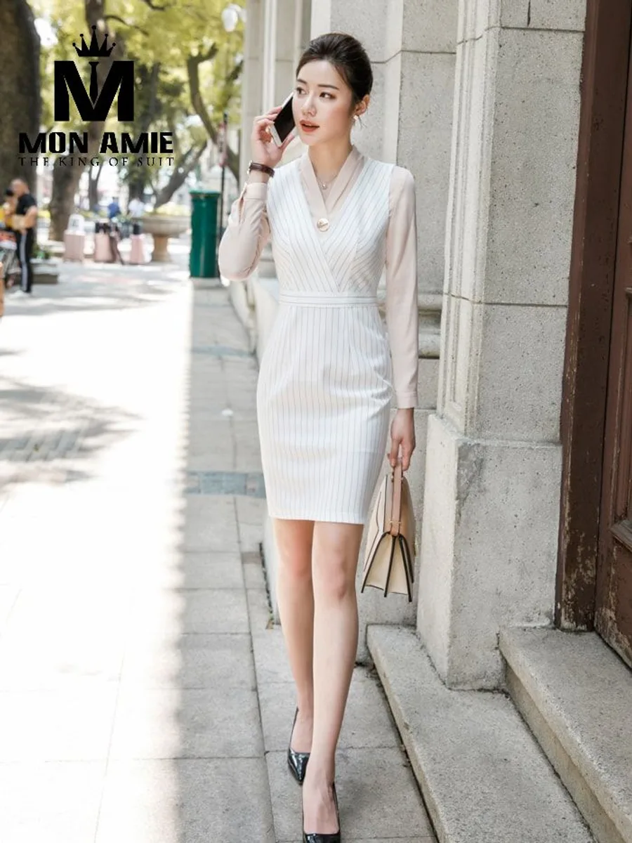White Pinstripe Wrap-Neck Dress with Nude Sleeves