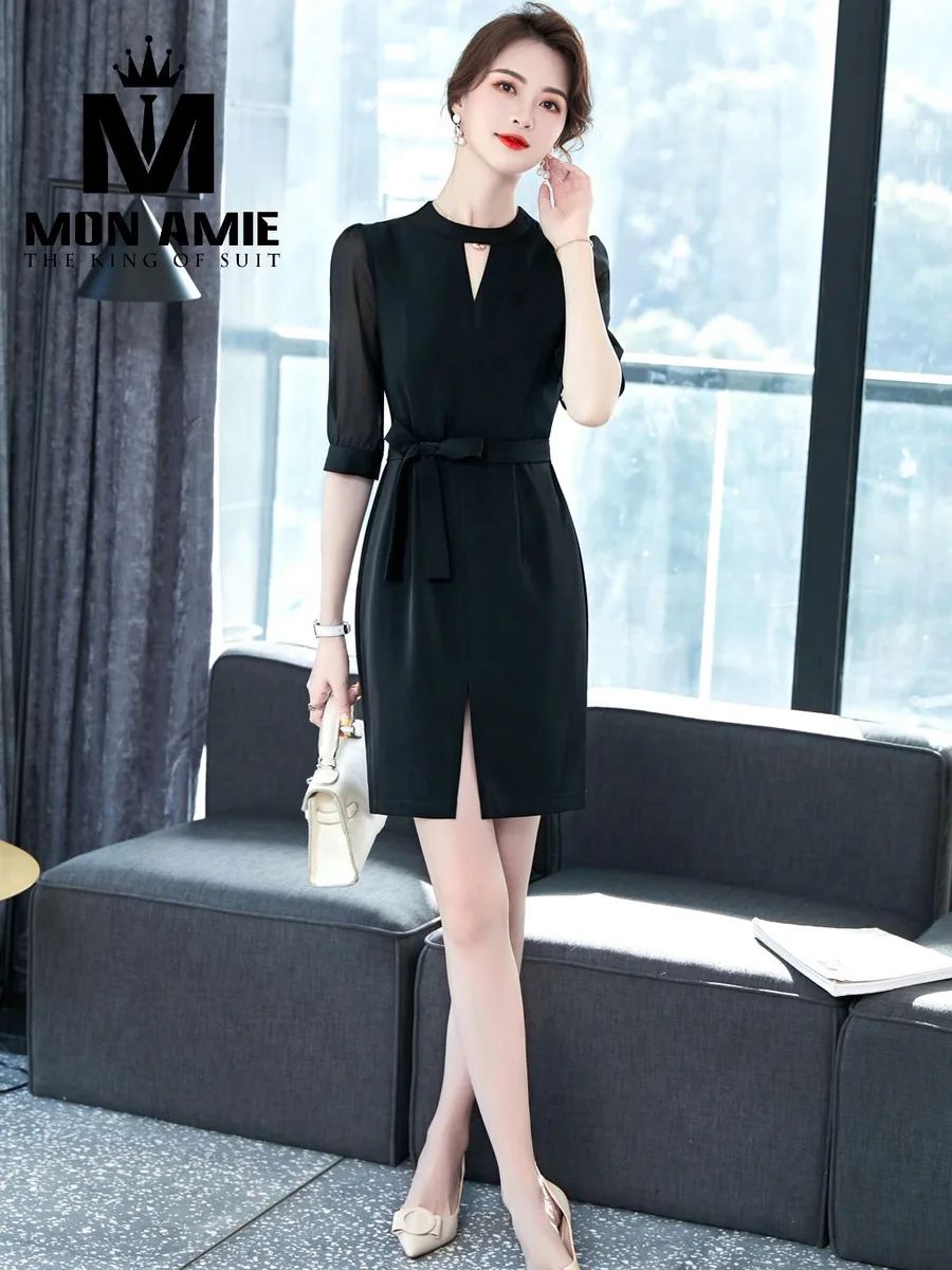 Black Mandarin-Collar Dress with Sheer Sleeves and Waist Bow