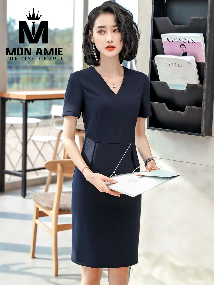 Navy V-Neck Office Dress with White Piping