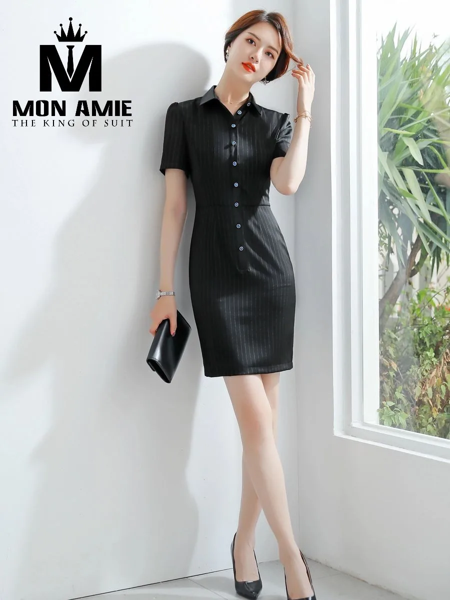 Black Pinstripe Shirt-Collar Dress