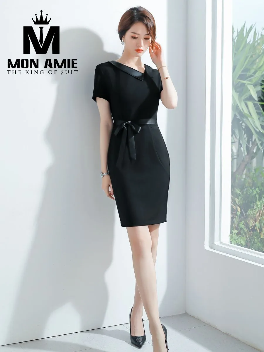 Black Wide-Lapel Bow-Belt Dress