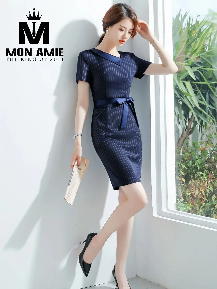 Navy Pinstripe V-Neck Bow-Belt Dress