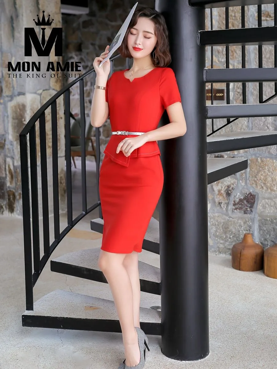 Bright Red Peplum Dress with Silver Belt