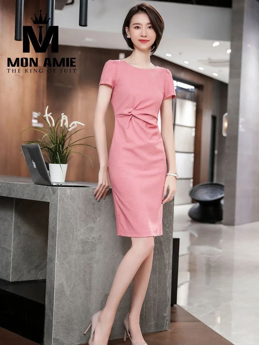 Dusty Pink Twist-Waist Dress with Puff Sleeves