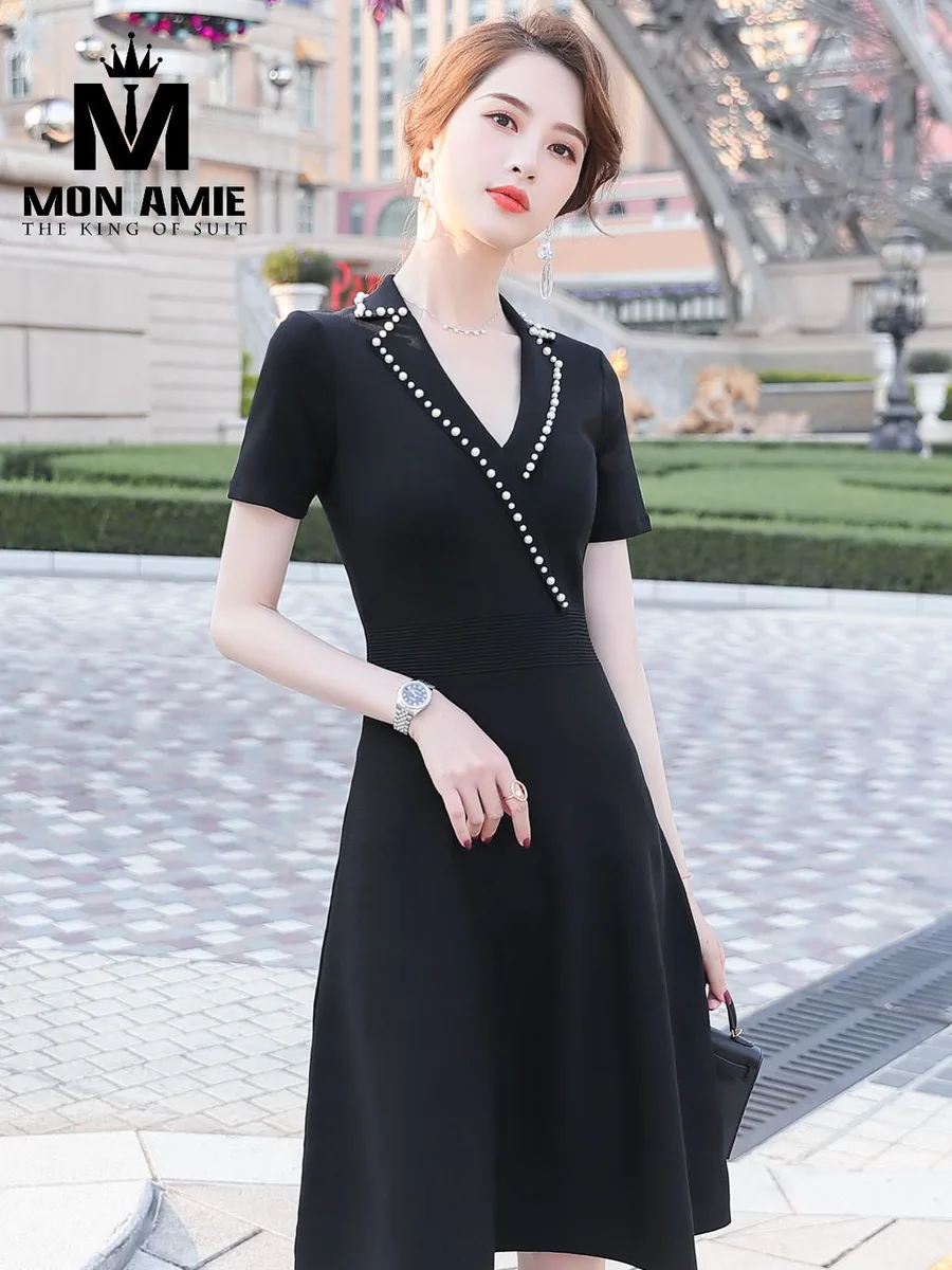 Black Pearl-Trimmed Lapel Dress