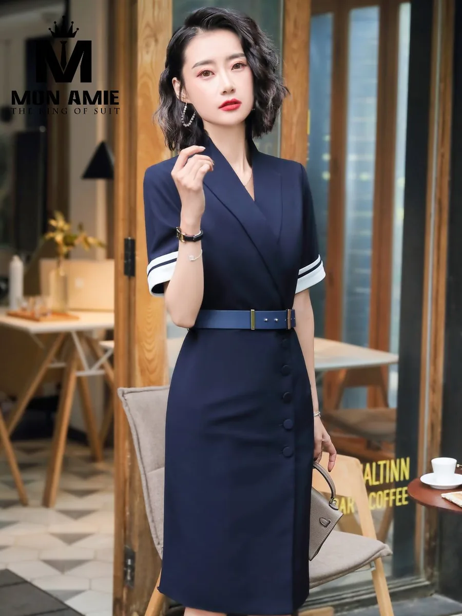 Navy Wrap Blazer Dress with Covered Buttons and White-Trim Sleeves