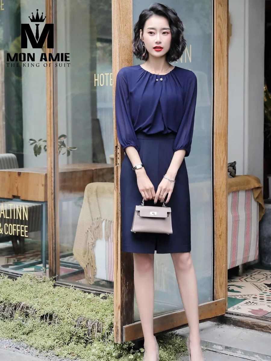 Navy Chiffon-Bodice Dress with Gathered Neckline and Pencil Skirt