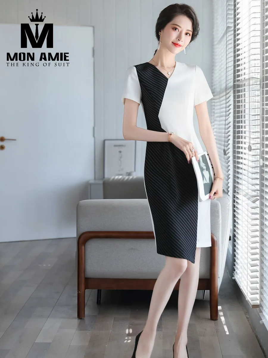 White and Black Pinstripe Colour-Block Dress with V-Neck