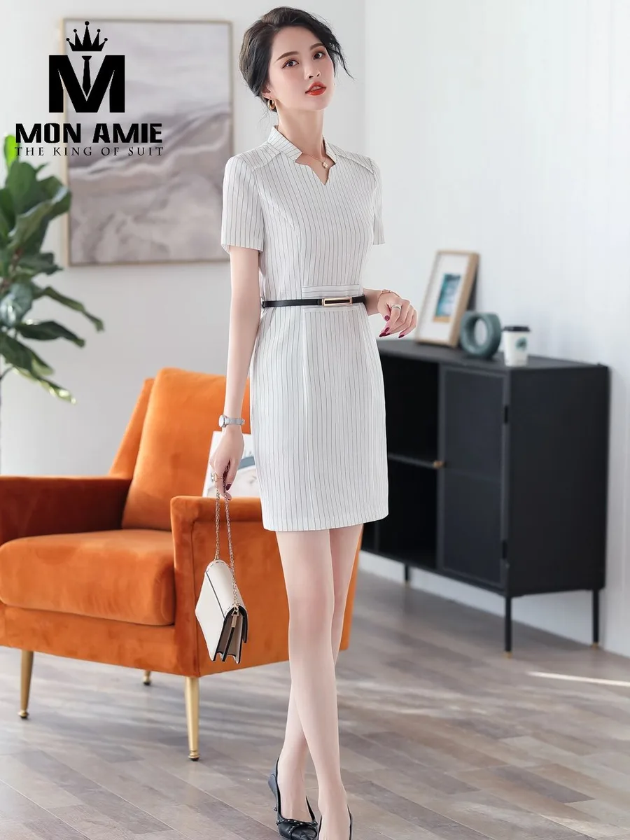 White Pinstripe Notched-Neck Dress with Slim Belt