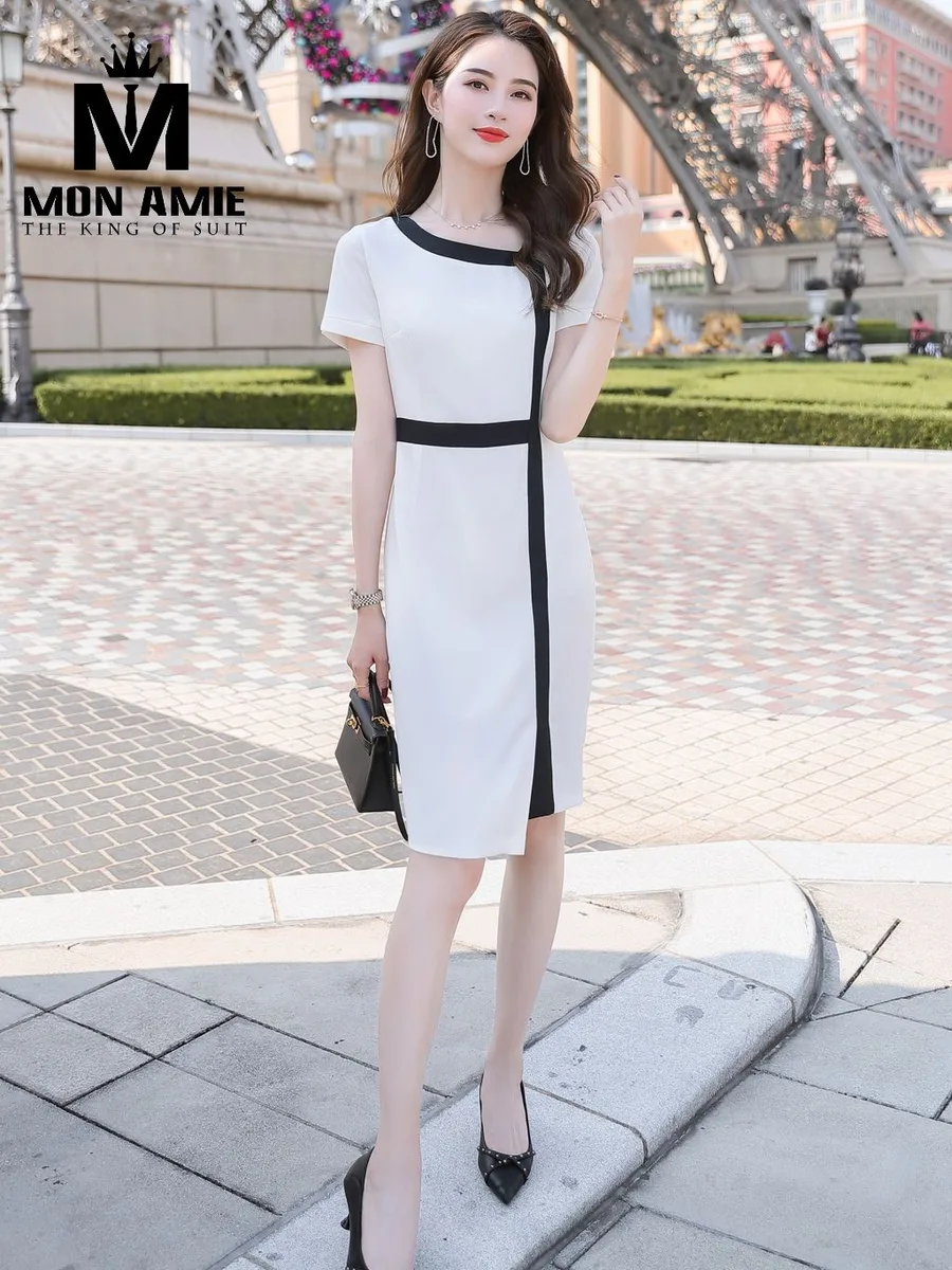 Cream Dress with Black Colour Bands and Asymmetric Neckline