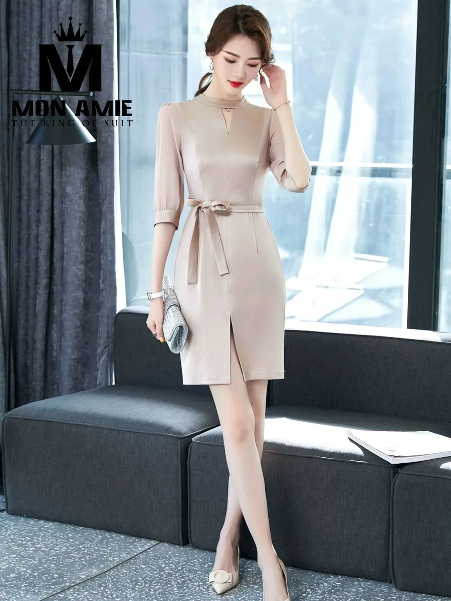 Champagne Beige Keyhole-Collar Dress with Waist Bow and Front Slit