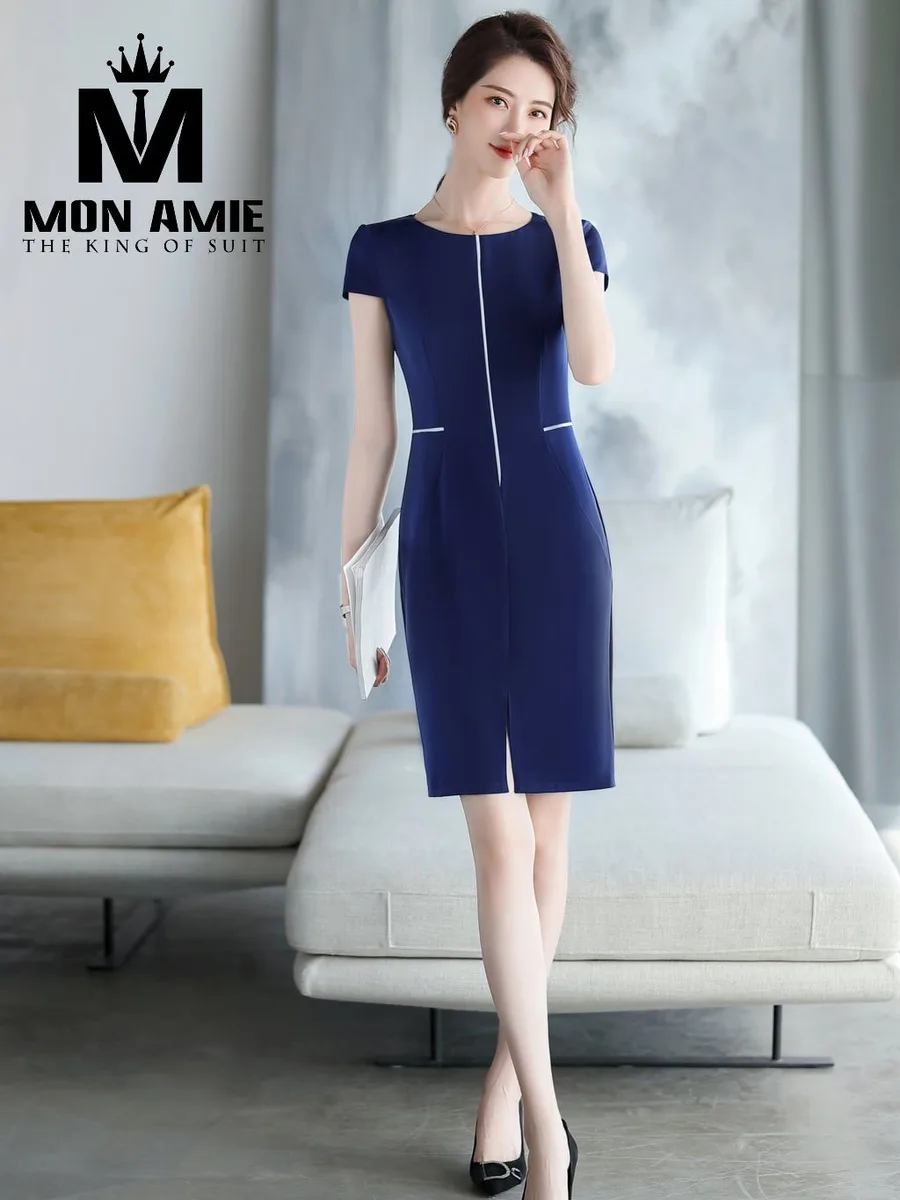 Navy Round-Neck Sheath Dress with White Piping and Cap Sleeves