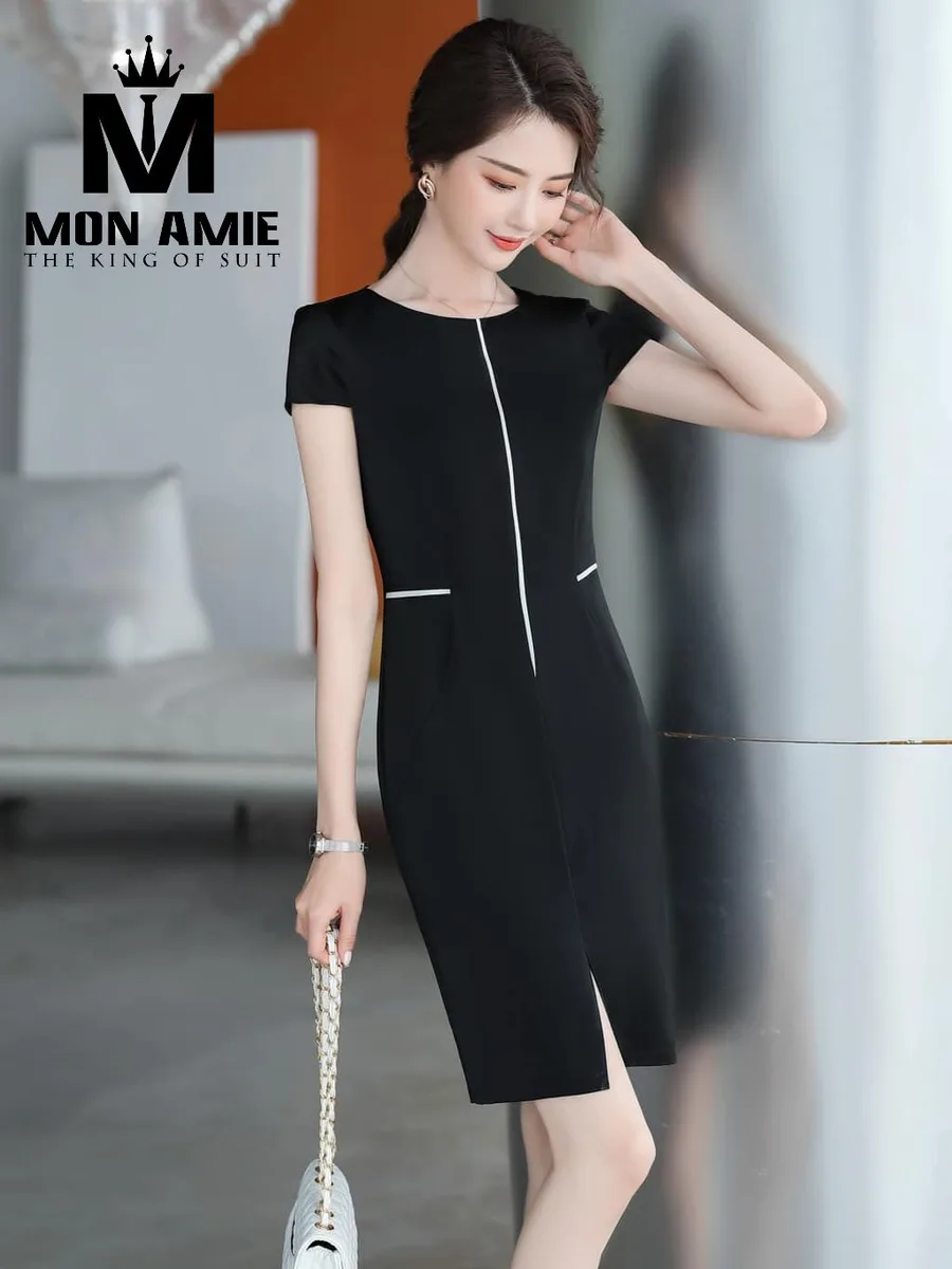 Black Round-Neck Sheath Dress with White Piping and Cap Sleeves