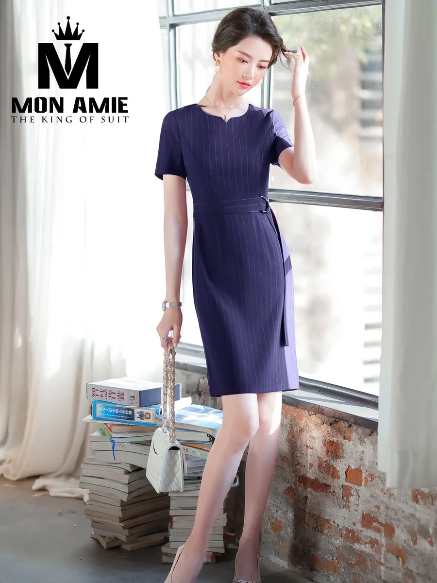 Indigo Pinstripe Dress with Belt and D-Ring Buckle