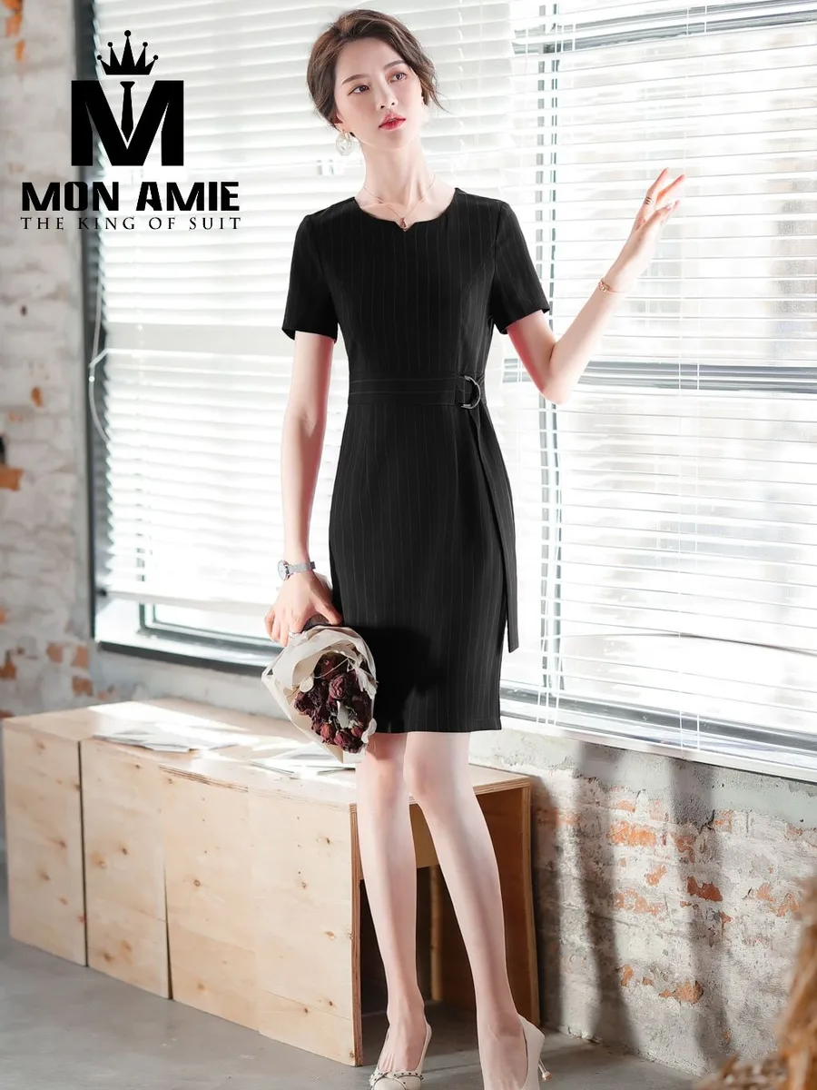 Black Pinstripe Dress with Belt and D-Ring Buckle