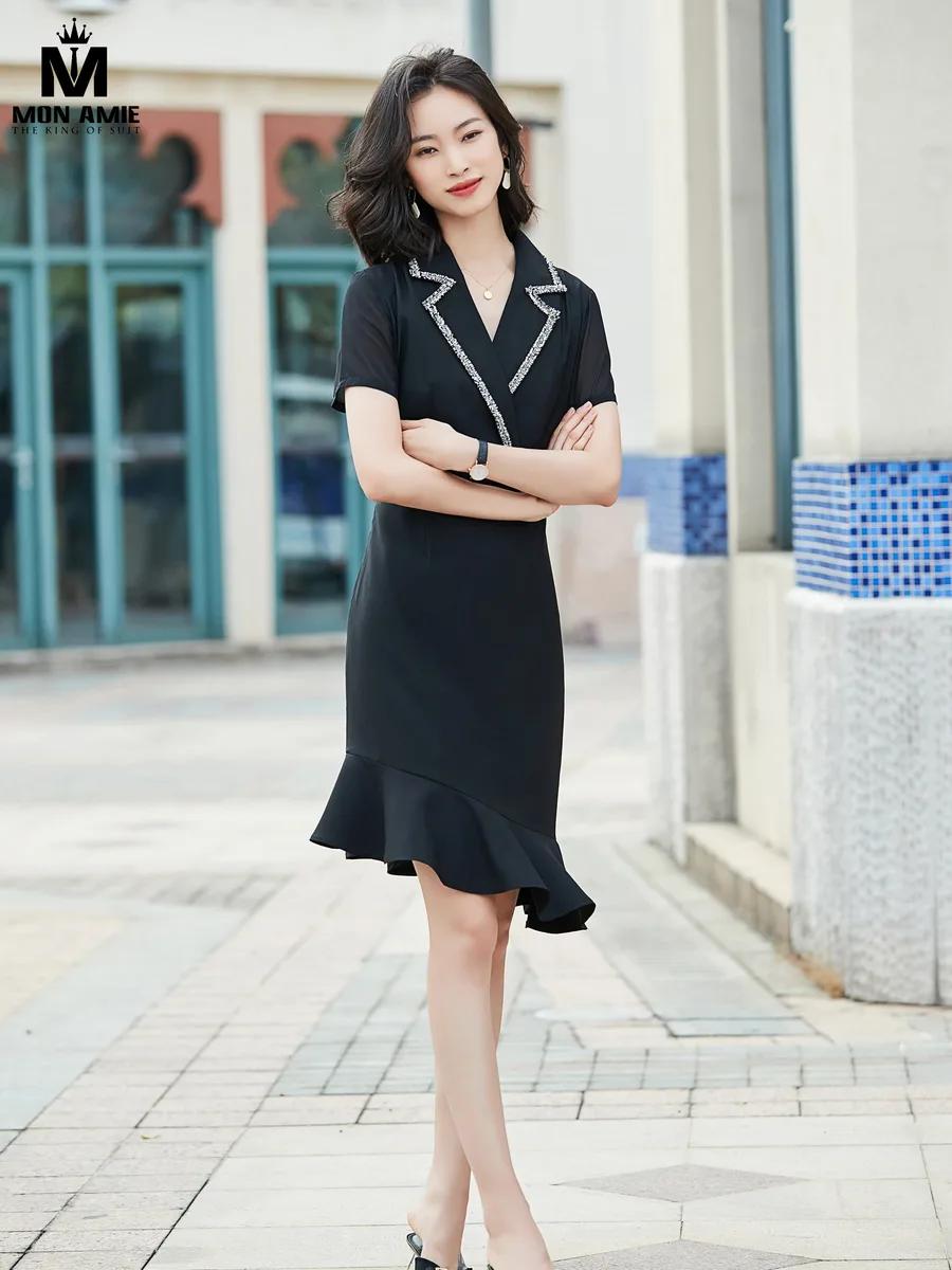 Black Blazer Dress with Tweed Trim and Flounce Hem