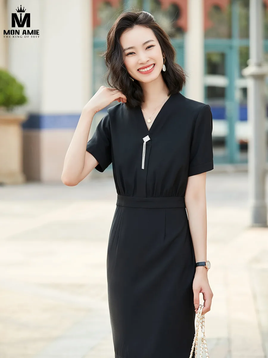 Black V-Neck Dress with Crystal Tassel