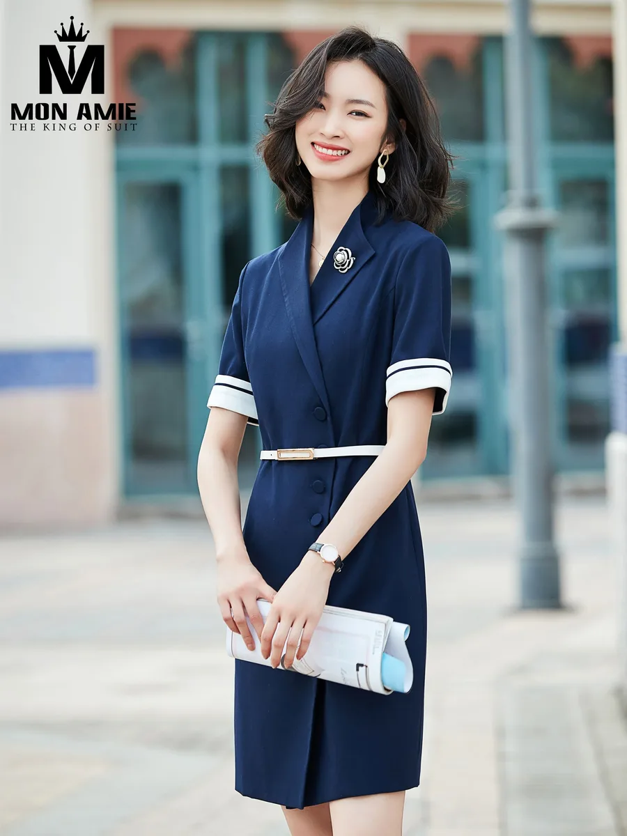 Navy Button-Front Blazer Dress with White Cuffs