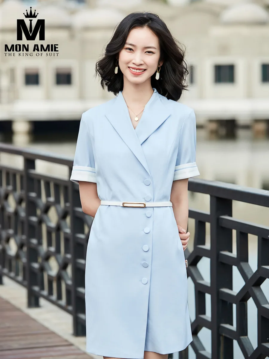 Pastel Blue Button-Front Blazer Dress