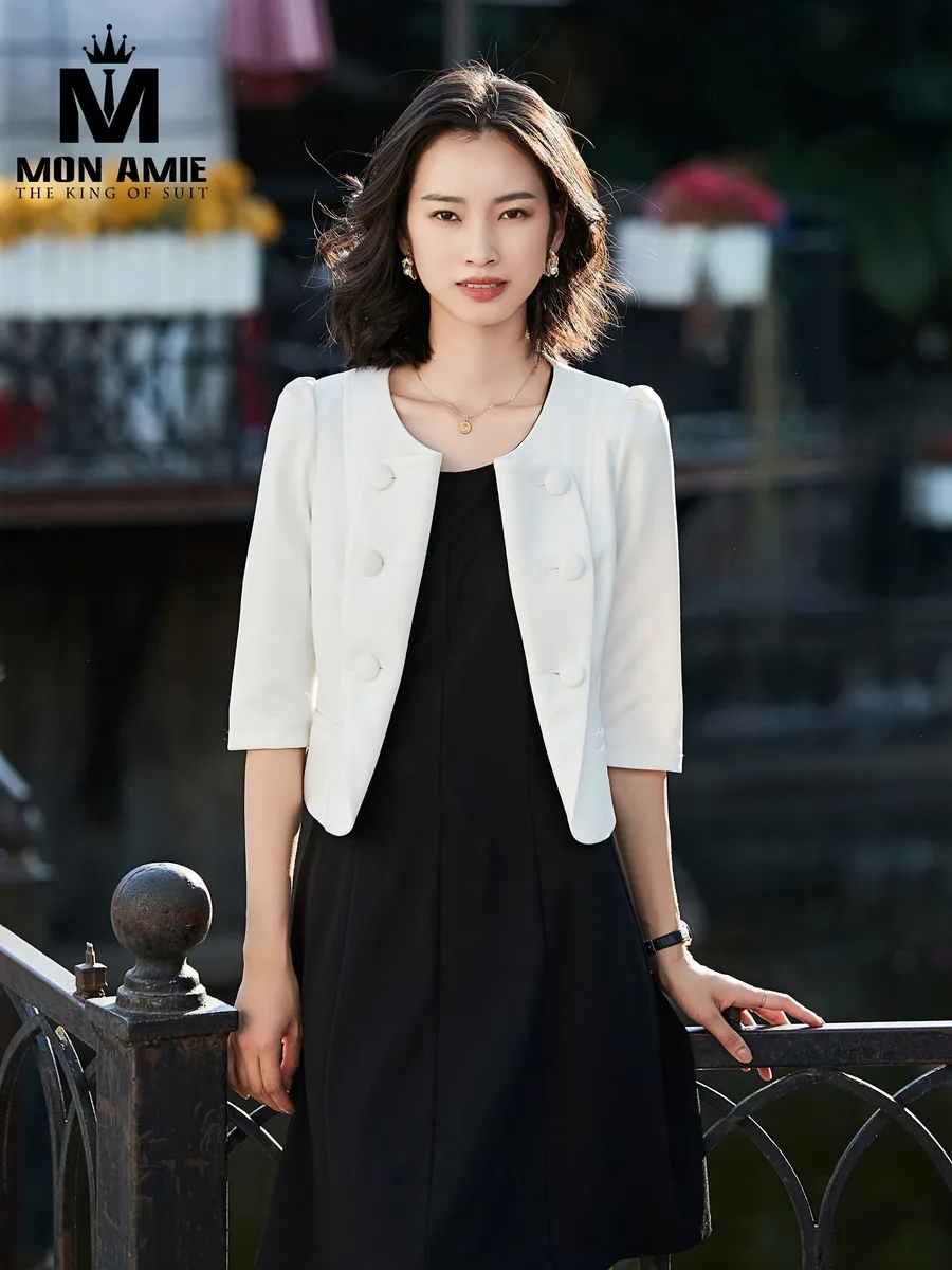 Black Sleeveless Dress with White Cropped Jacket