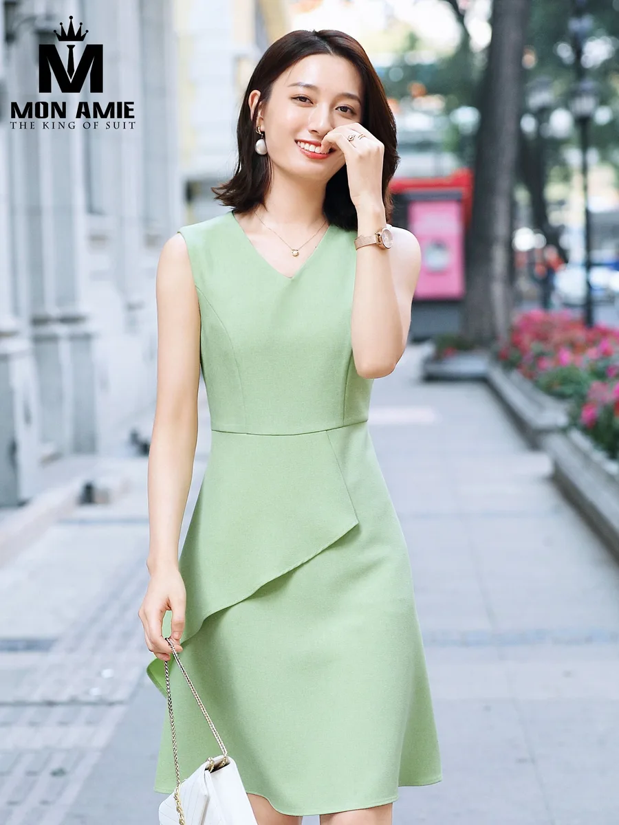 Mint Green Sleeveless Dress with Diagonal Overlay