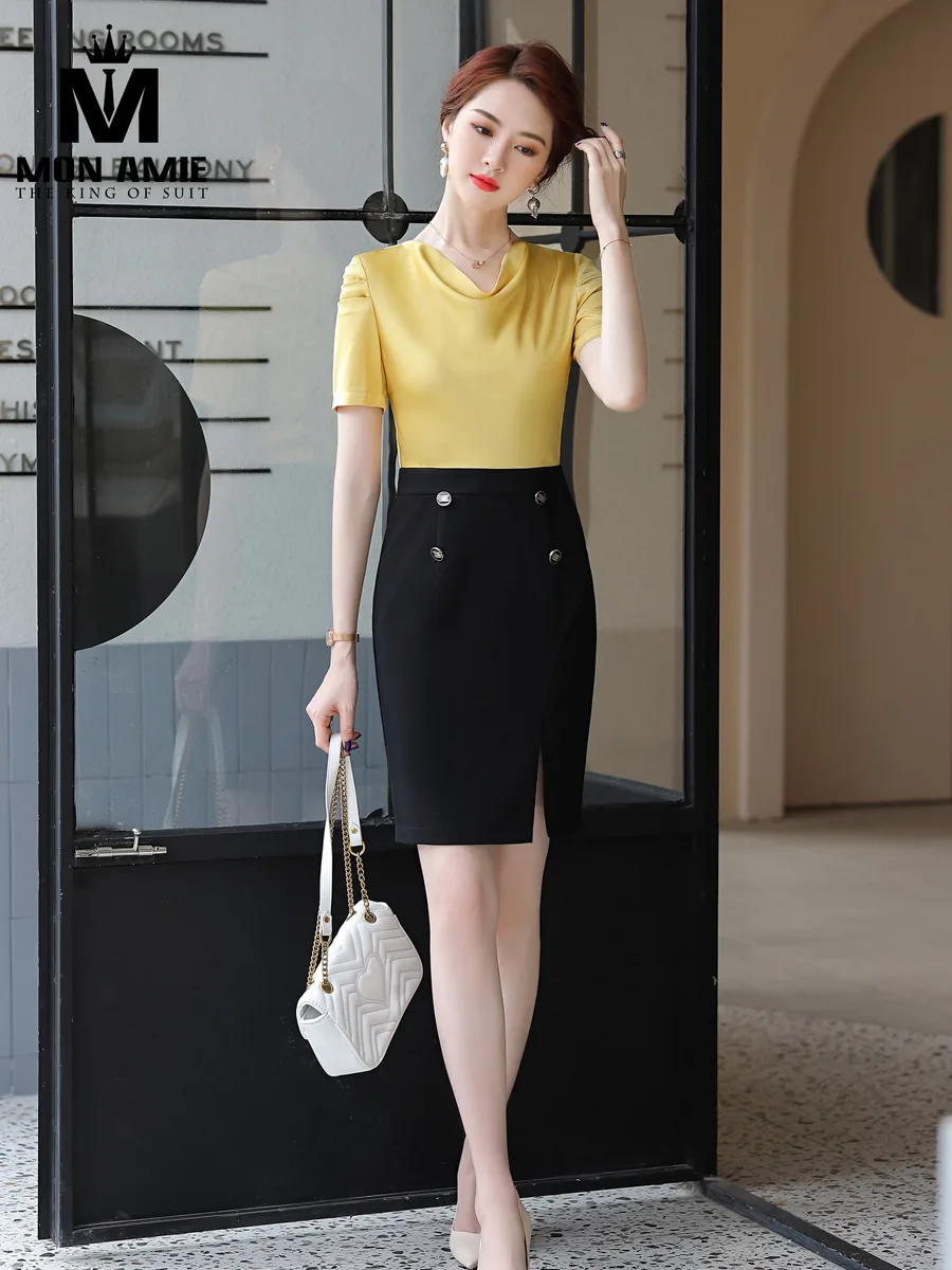Yellow Cowl-Neck Top with Black Pencil Skirt Set