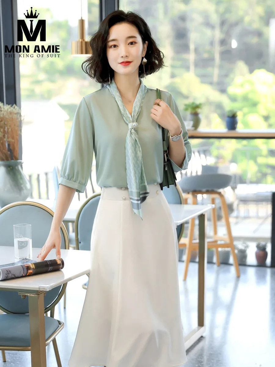 Sage Blouse with Scarf and Cream Midi Skirt Set