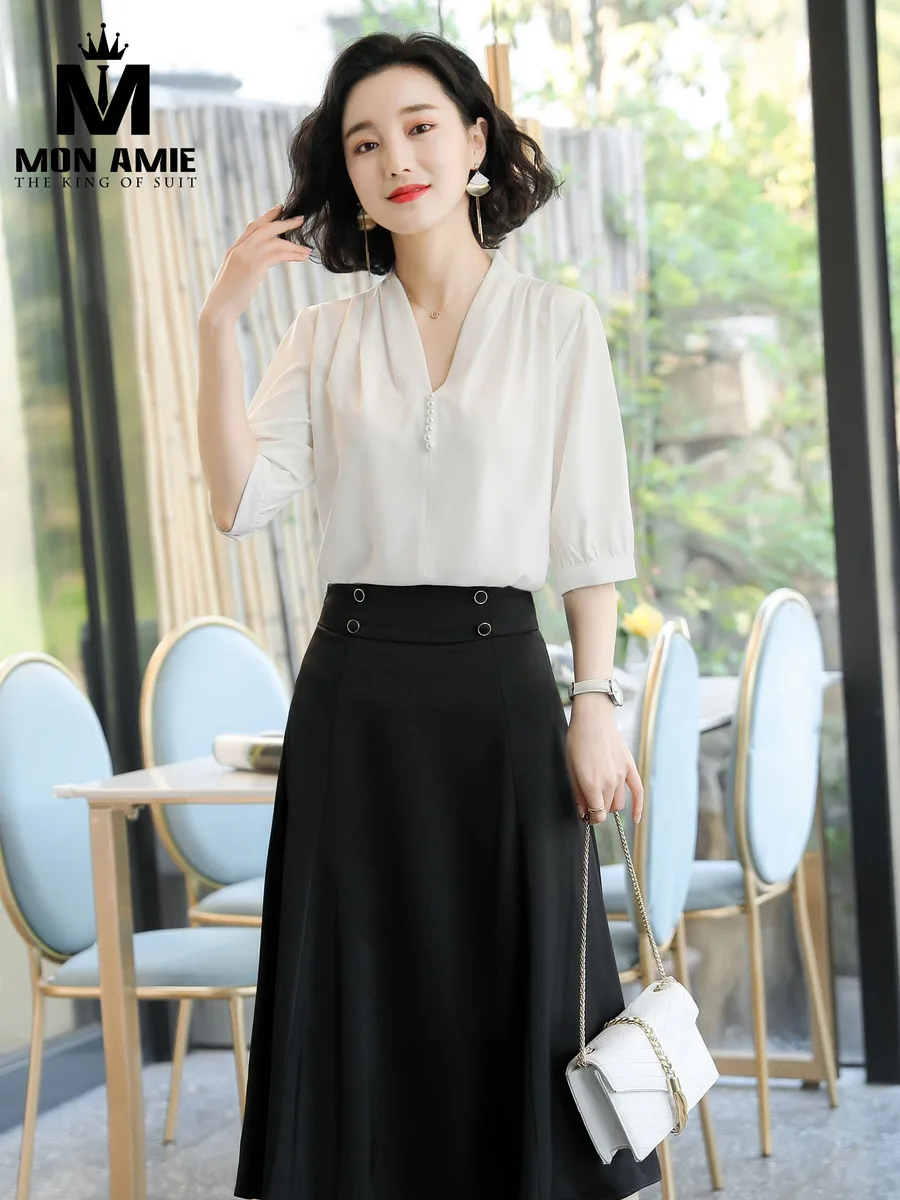 White V-Neck Blouse with Black A-Line Skirt Set