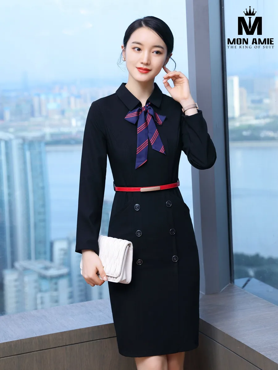 Black Shirt-Collar Double-Breasted Dress with Red Belt