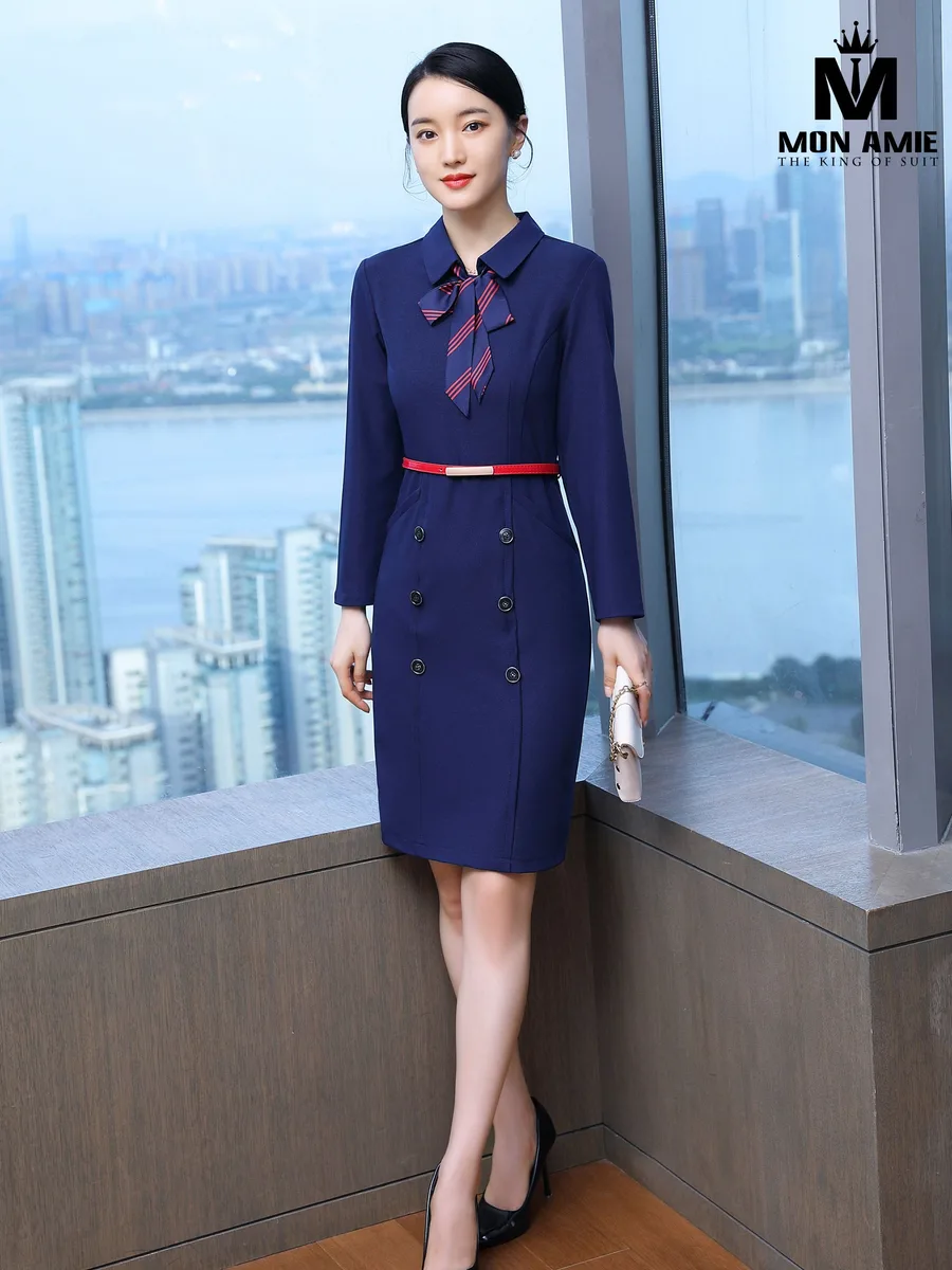 Navy Shirt-Collar Double-Breasted Dress with Red Belt