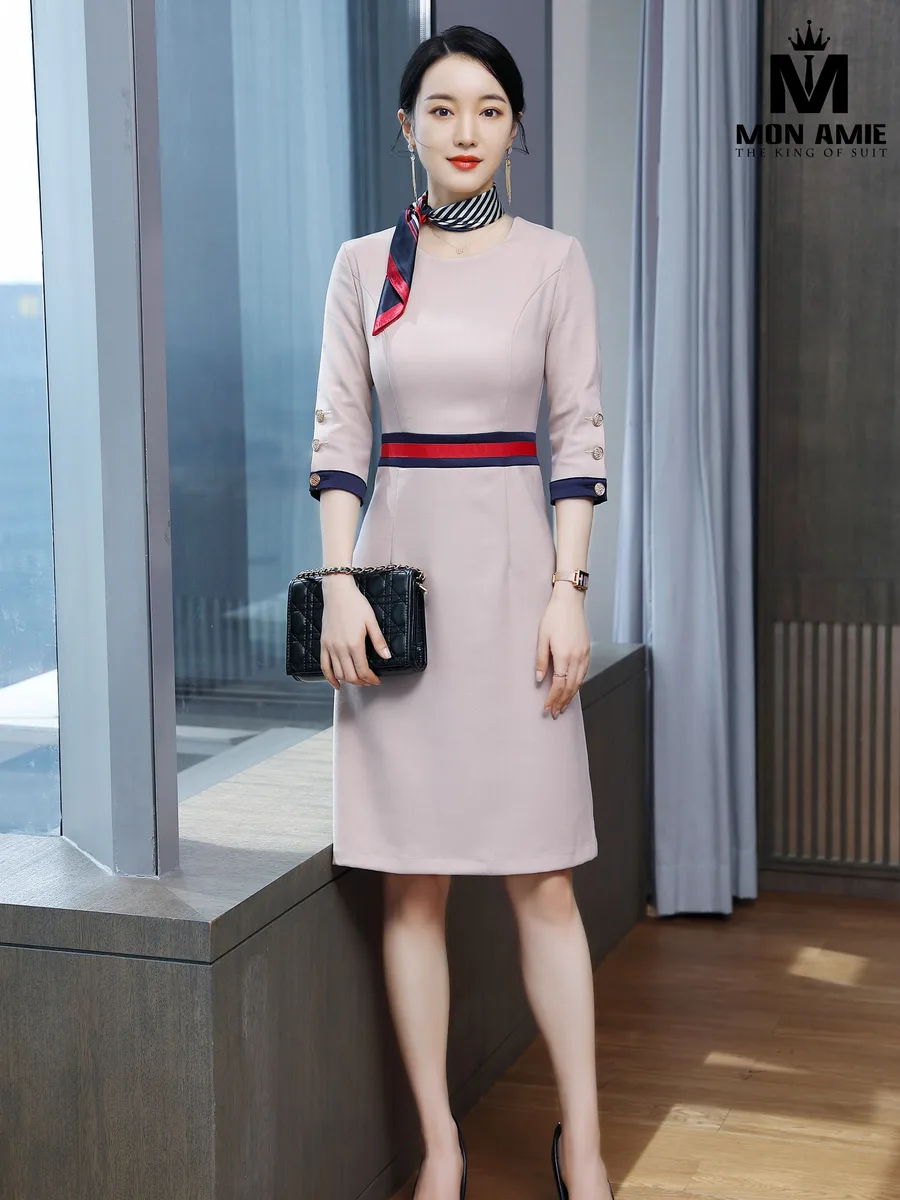 Blush Nude Round-Neck Dress with Red-Navy Waistband
