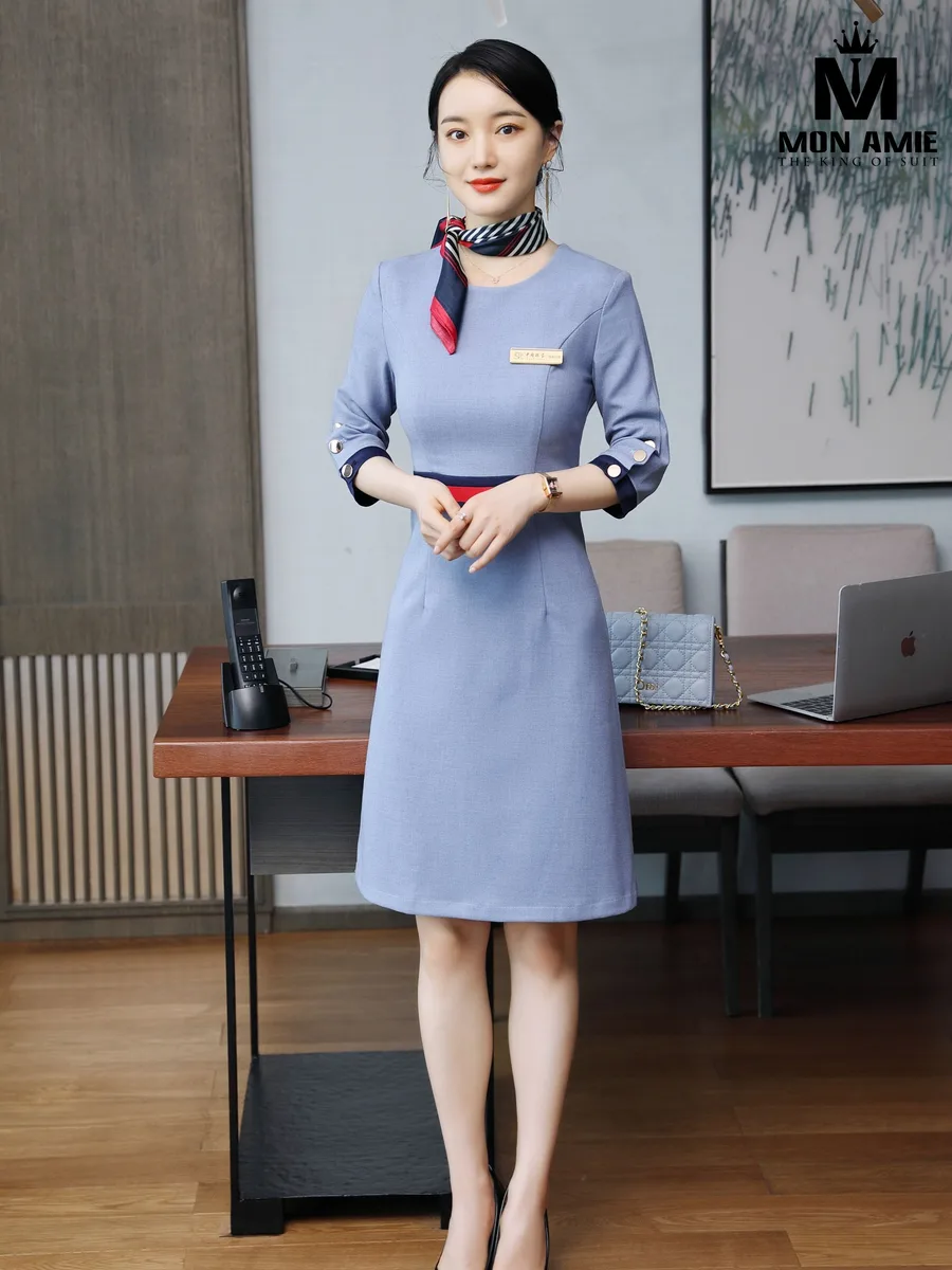 Pale Blue-Grey Round-Neck Dress with Diagonal Bust Seam