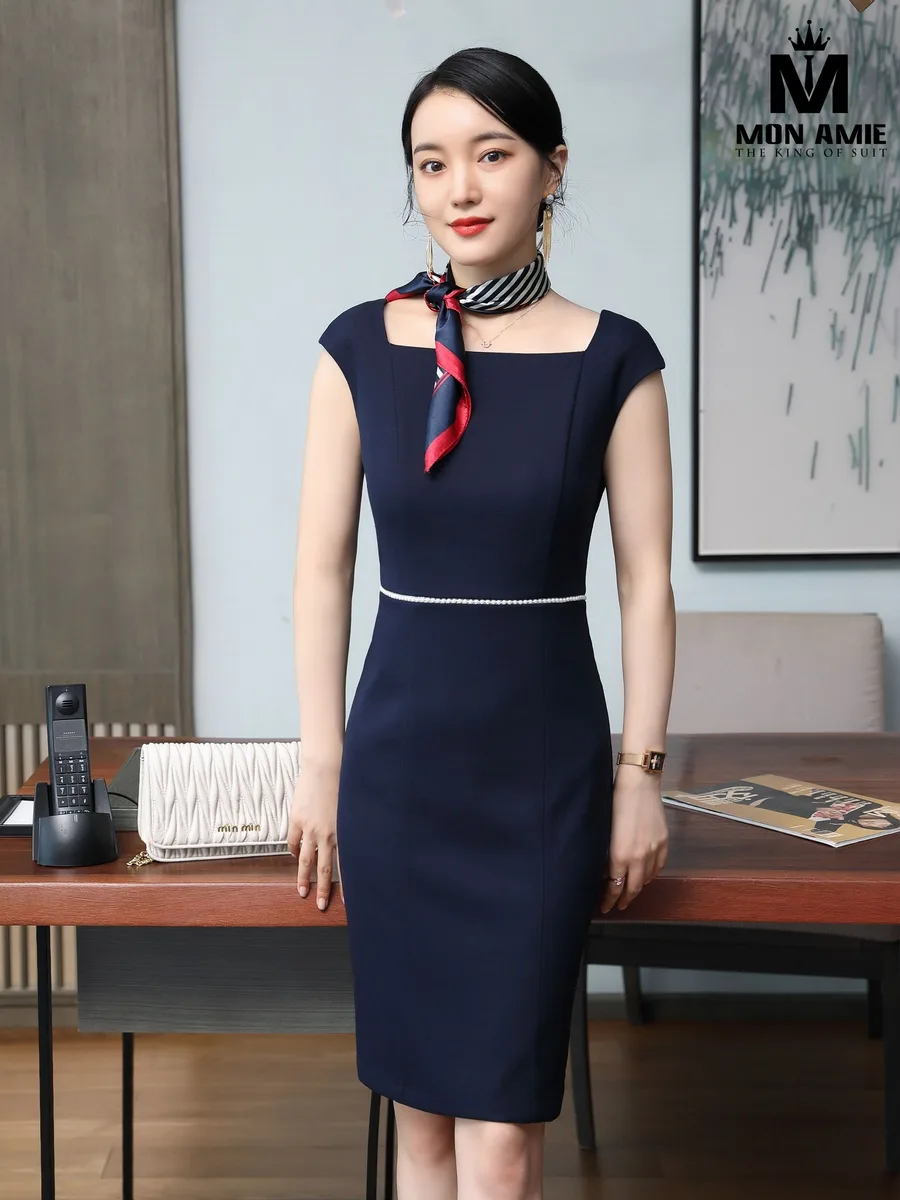 Navy Square-Neck Cap-Sleeve Dress with Striped Silk Scarf