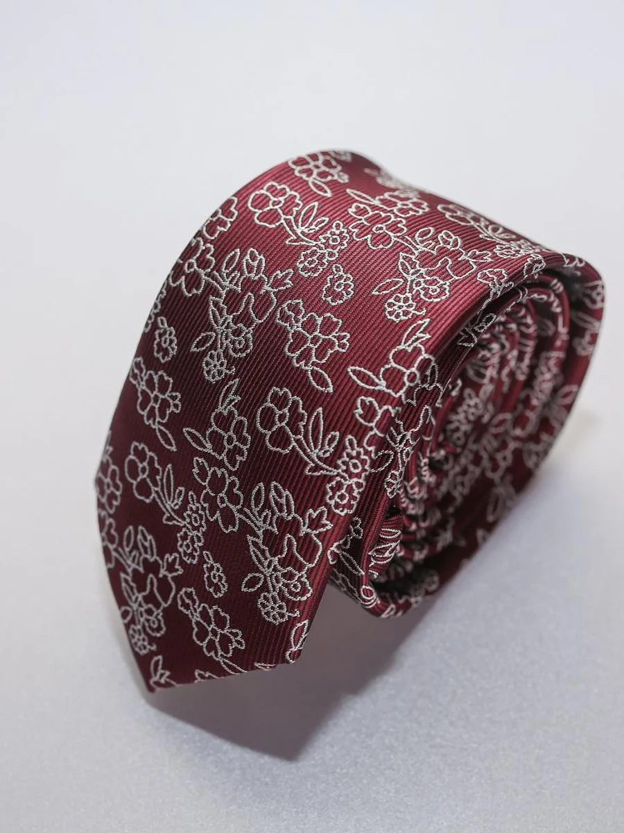 Burgundy Tie, Silver Floral Motif