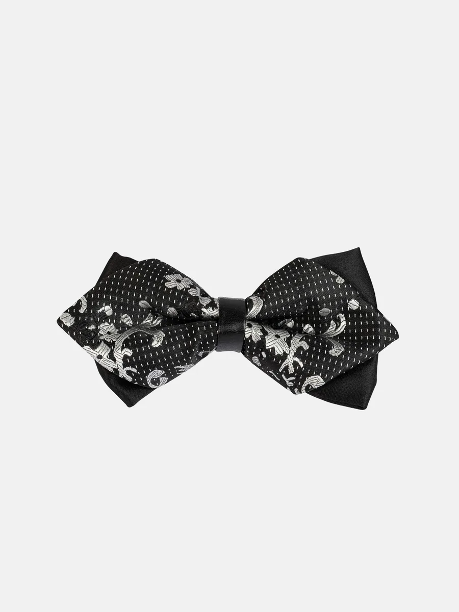 Black Bow Tie with Silver Floral and White Dashes