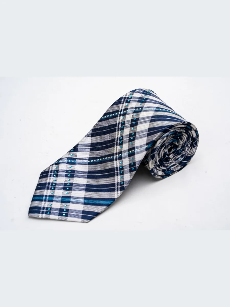 Navy-Grey Check Necktie with Aqua Crystal Row