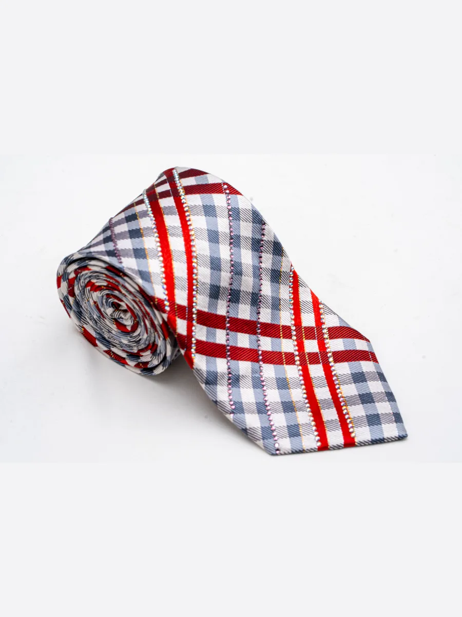 Check Caravat in White, Grey and Blue with Red Stripe and Crystals